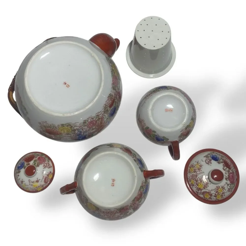 Antique Japanese Kutani Porcelain Tea Set Teapot Sugar Bowl Creamer Floral